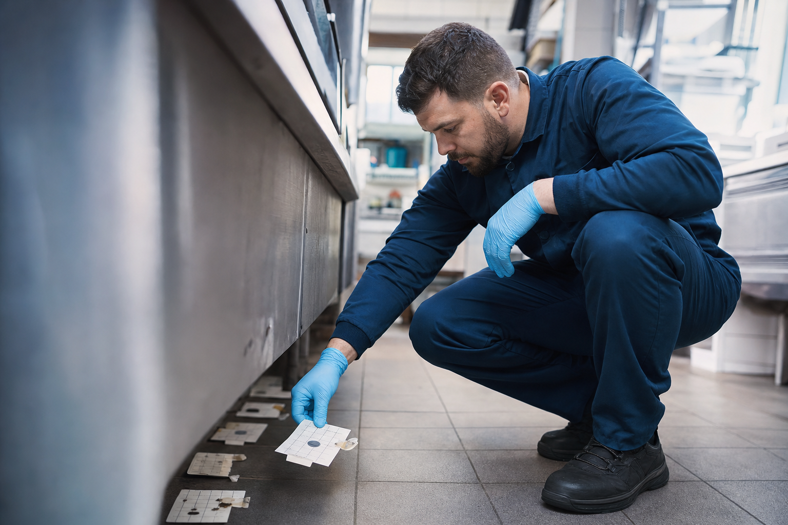 Techniker kontrolliert beschriftete Klebefallen in einer gewerblichen Küche