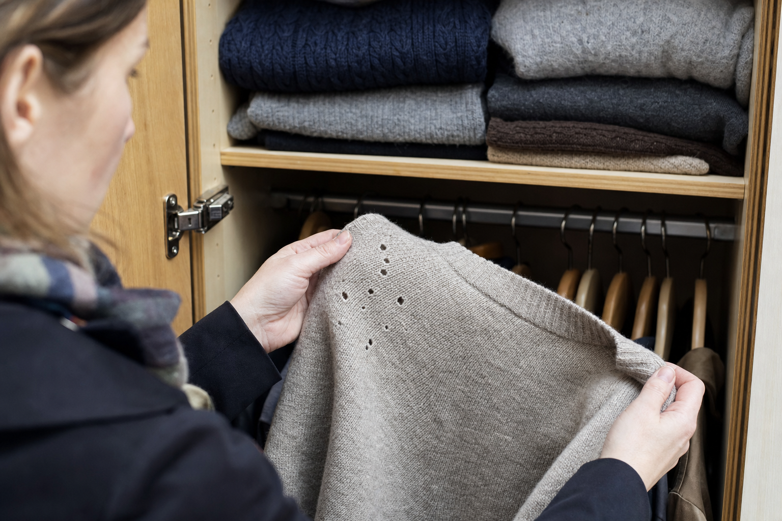 Geöffneter Kleiderschrank mit Wollpullovern und sichtbaren Fraßstellen an einem Kleidungsstück