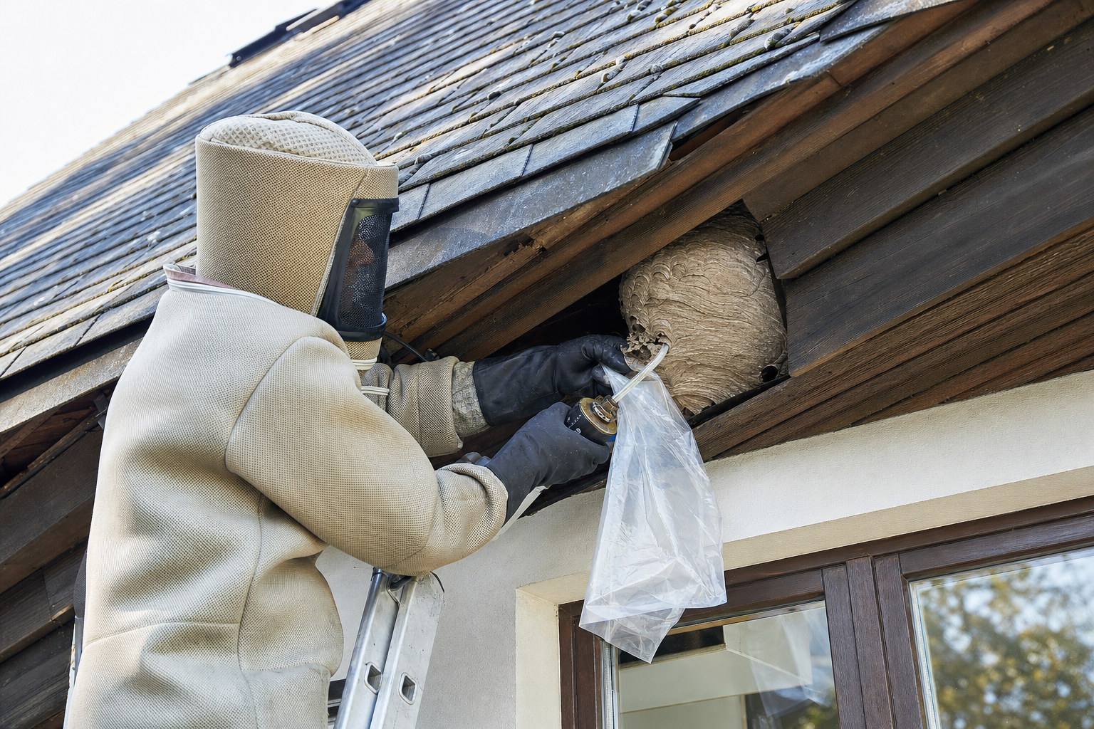 Schädlingsbekämpfer in Schutzkleidung bei der Kontrolle eines Wespennests unter einem Hausdach