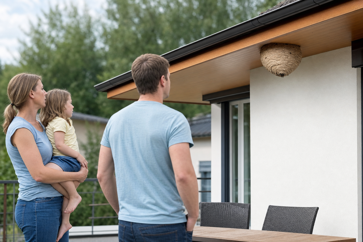 Familie hält auf einer Terrasse Abstand zu einem Wespennest unter dem Dachvorsprung
