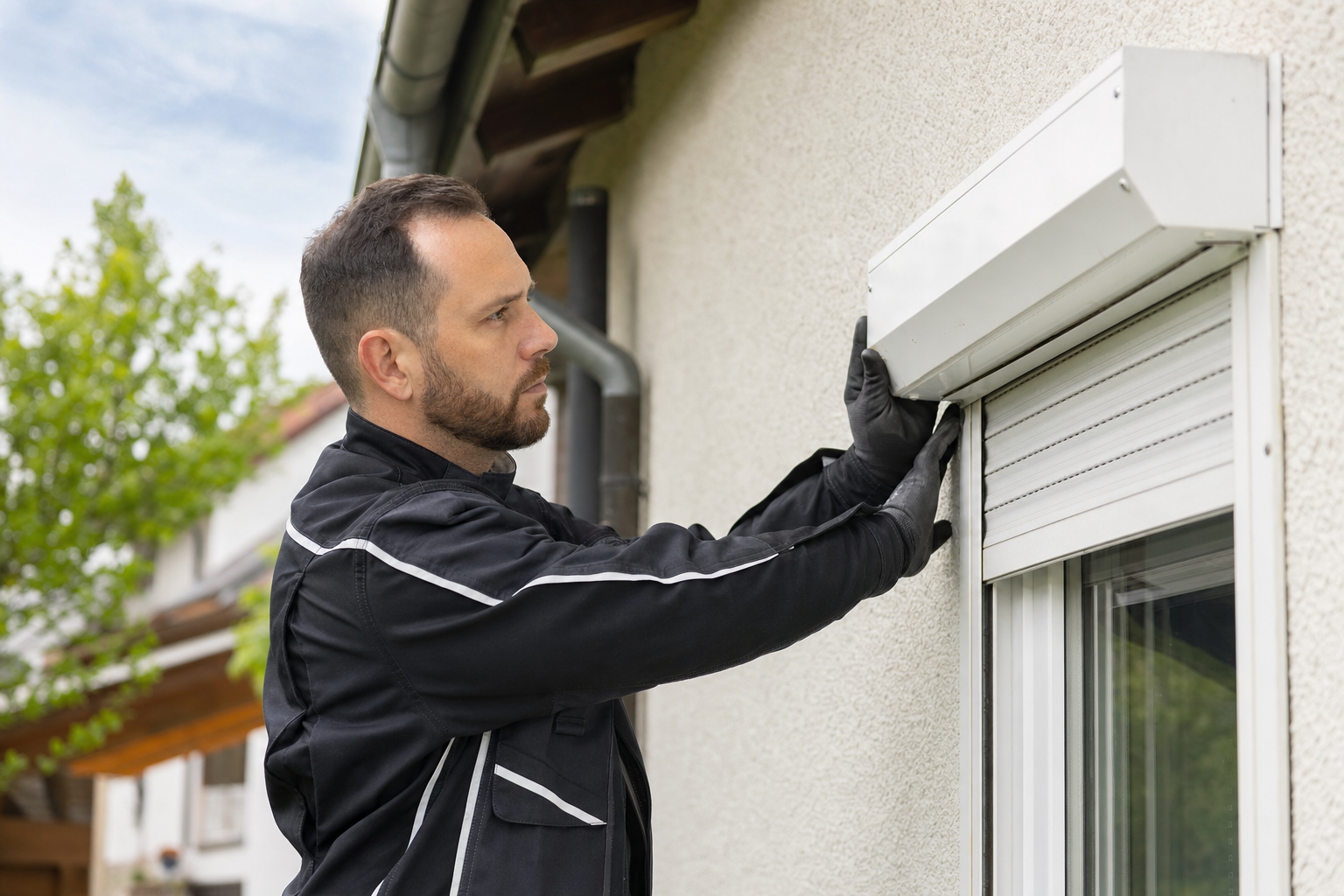 Schädlingsbekämpfer kontrolliert einen verschlossenen Rollladenkasten an einem Wohnhaus