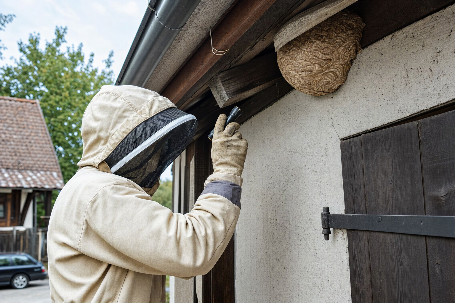 Schädlingsbekämpfer in Schutzkleidung kontrolliert ein Hornissennest unter einem Dachvorsprung