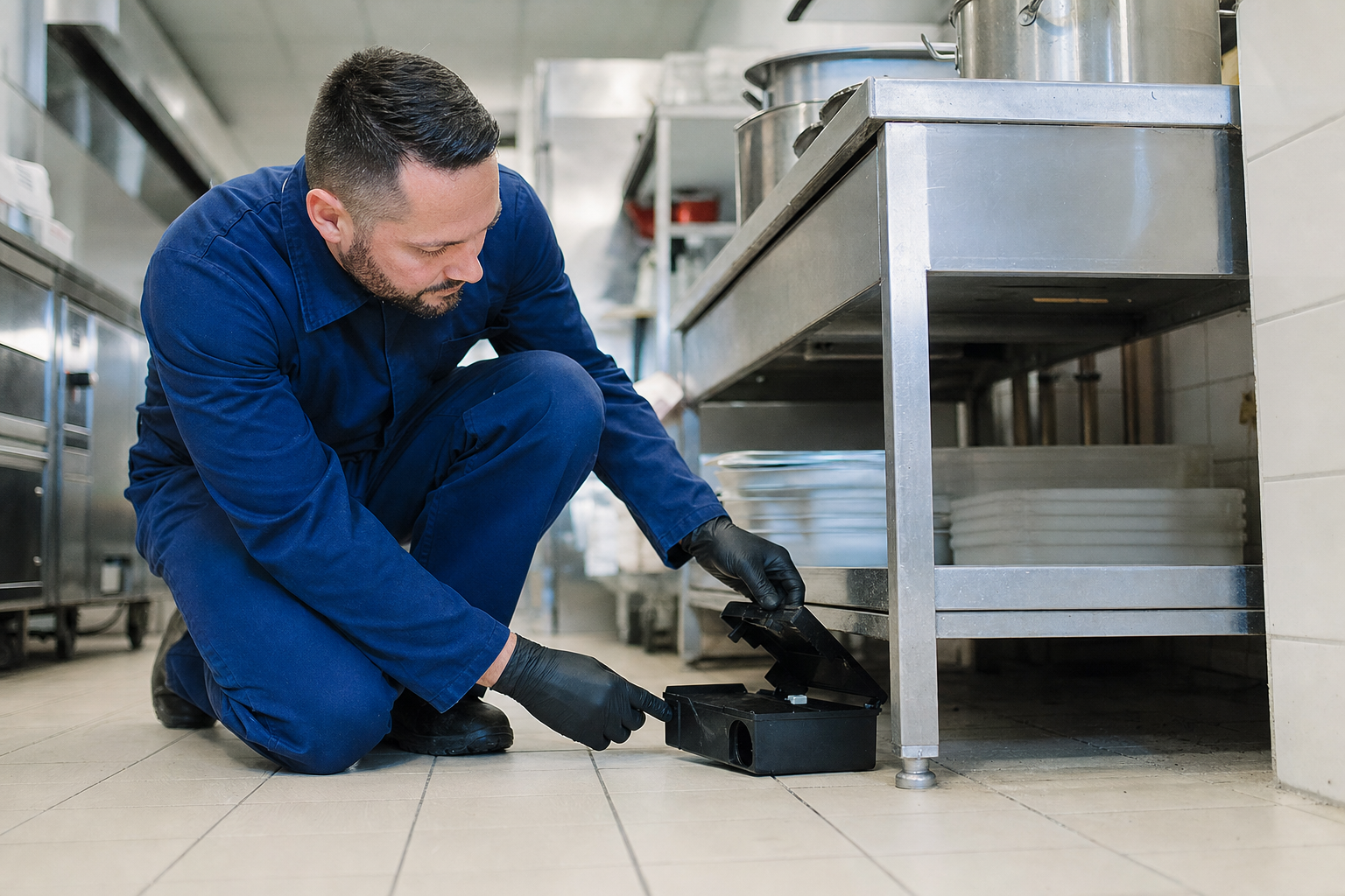 Schädlingsbekämpfer kontrolliert eine Köderstation in einer Augsburger Gewerbeküche