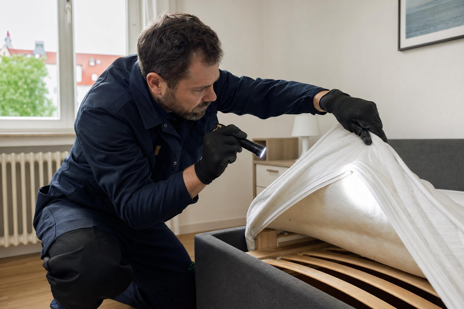 Schädlingsbekämpfer kontrolliert mit einer Taschenlampe Matratze und Bettgestell in einem Schlafzimmer