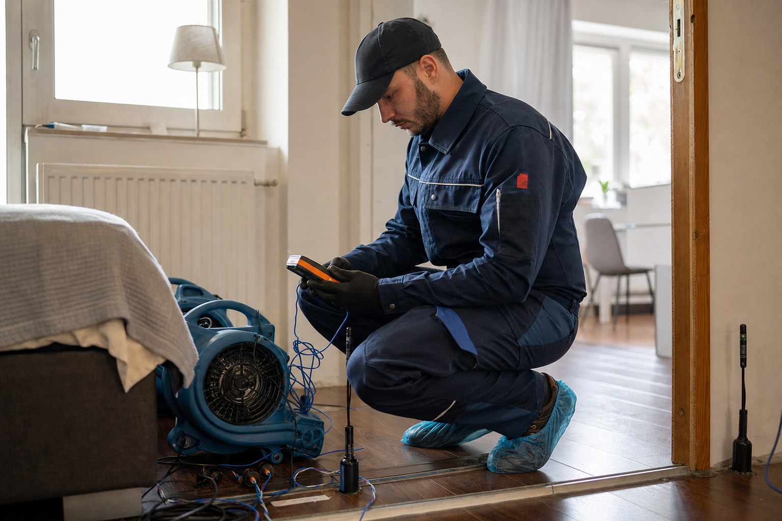 Schädlingsbekämpfer überwacht Temperatursensoren während einer Wärmebehandlung in einer möblierten Wohnung