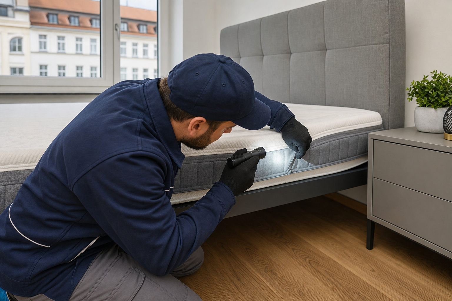 Schädlingsbekämpfer kontrolliert mit Taschenlampe die Nähte einer Matratze in einem Augsburger Schlafzimmer