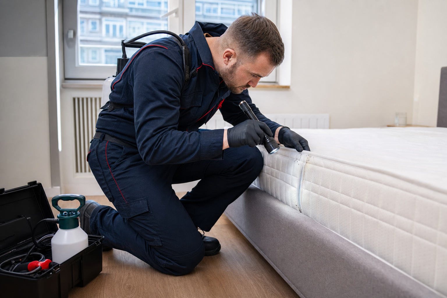 Mitarbeiter eines Schädlingsbekämpfungsbetriebs kontrolliert in einem Augsburger Schlafzimmer die Nähte einer Matratze