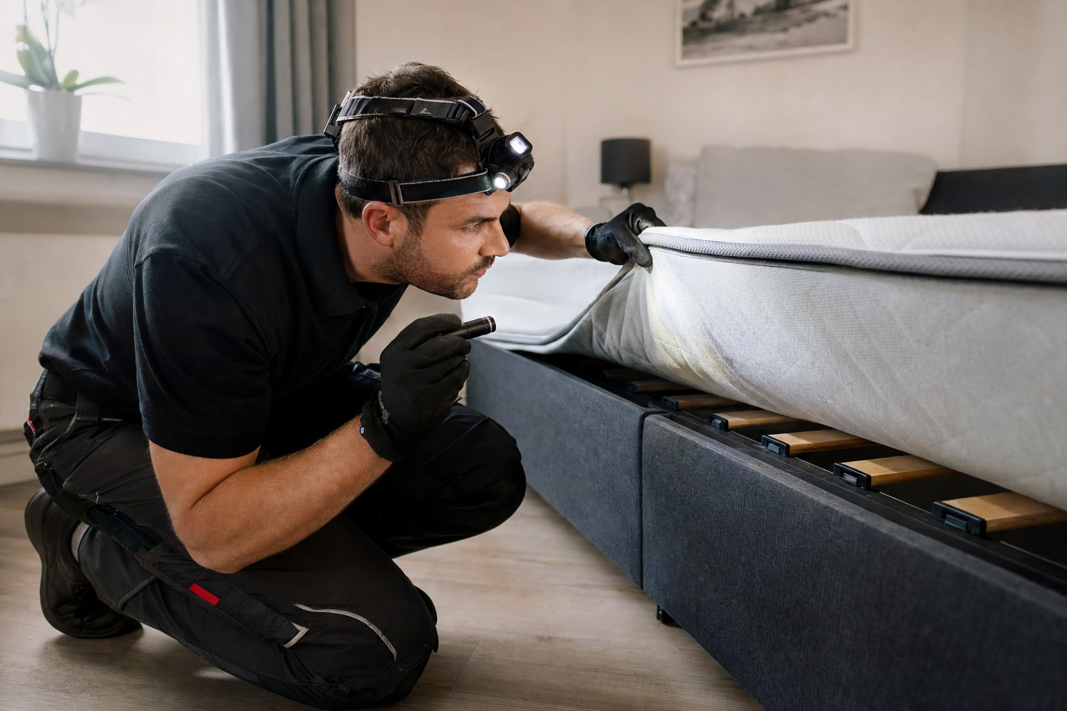 Fachkraft untersucht mit Stirnlampe Matratzennaht und Bettgestell in einem Schlafzimmer