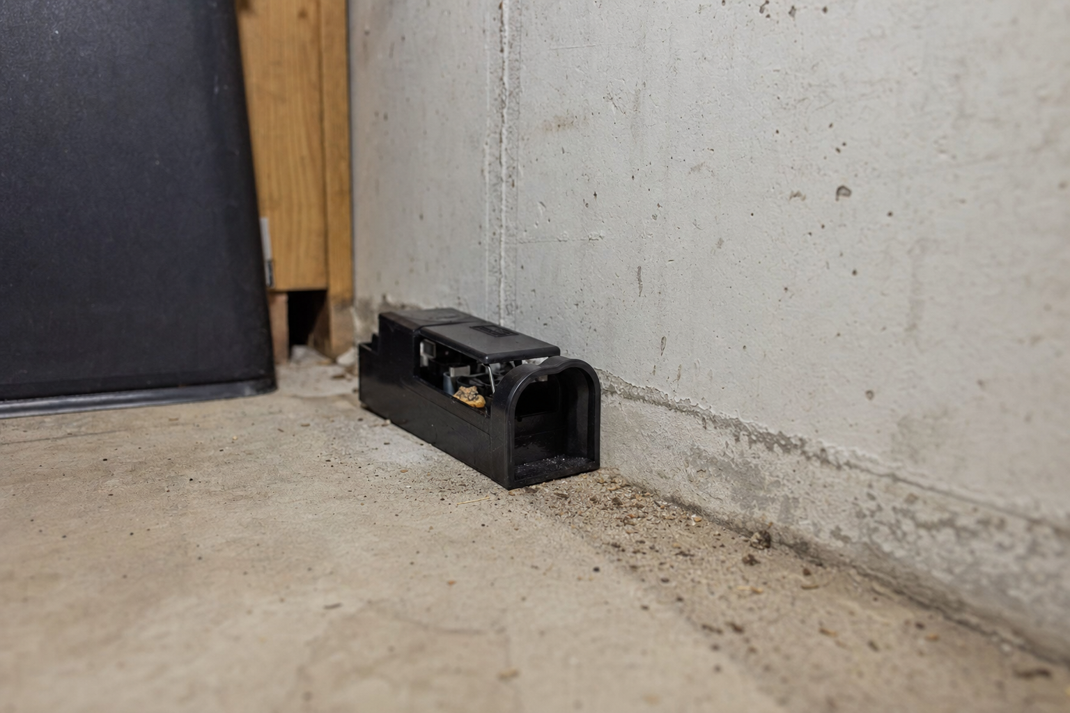 Geschützte Mäusefalle steht entlang einer Kellerwand neben einer deutlich sichtbaren Laufspur