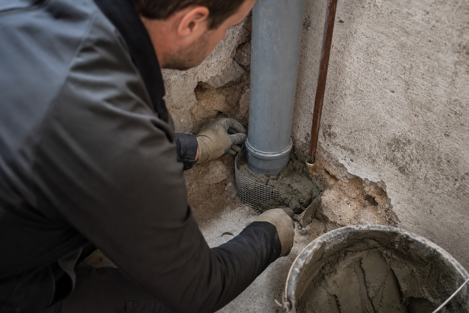 Handwerker verschließt eine schmale Rohrdurchführung im Keller mit Metallgewebe und Mörtel