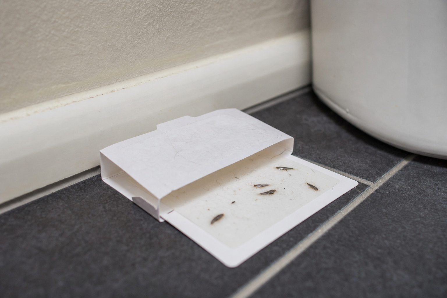 Geöffnete Klebefalle für Silberfischchen neben einer Sockelleiste im Badezimmer